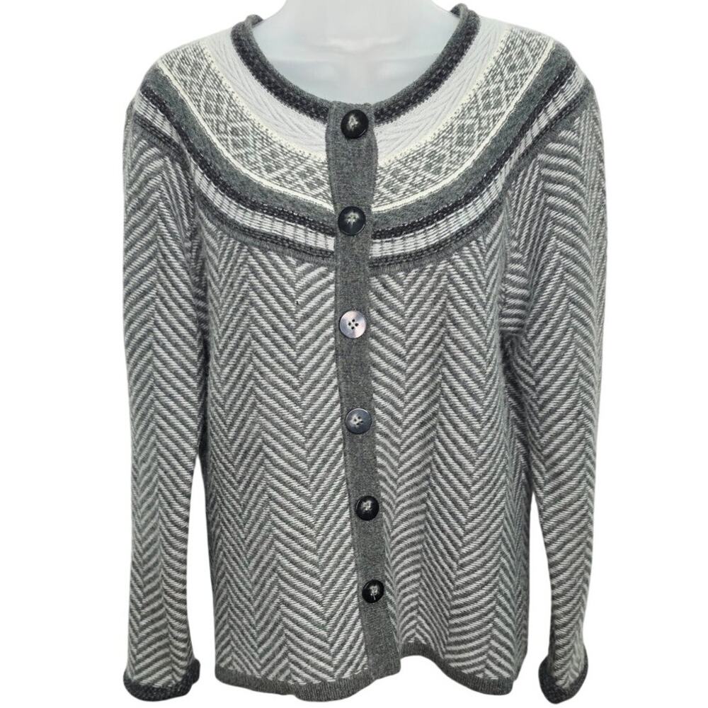 Vintage Talbots Petites Women's L Lambswool Angora Chevron Cardigan Sweater Gray
